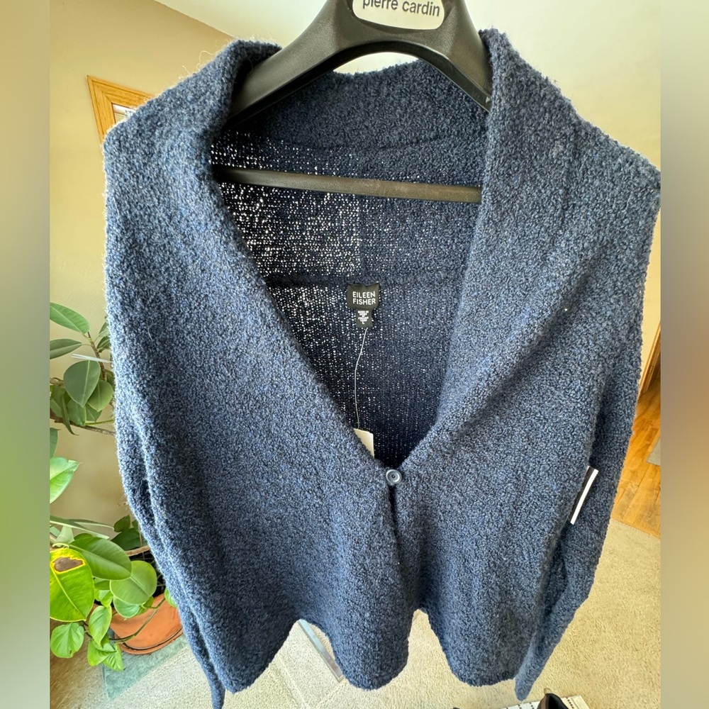 Eileen Fisher Cashmere/Merino Wool One Button Cardigan Navy Sweater. Size Large.